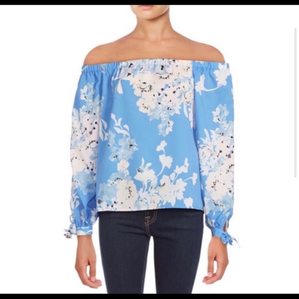 Yumi Kim pretty blue floral off shoulder tie sleeve blouse S